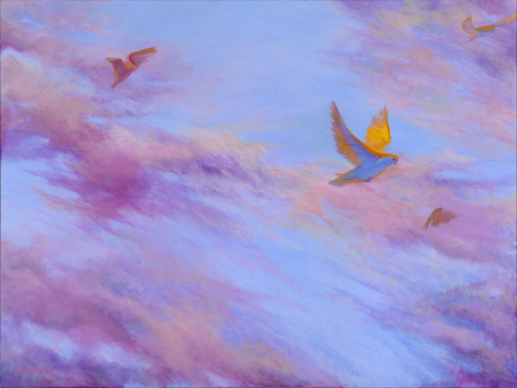 Birds flying in a blue sky with purple clouds.