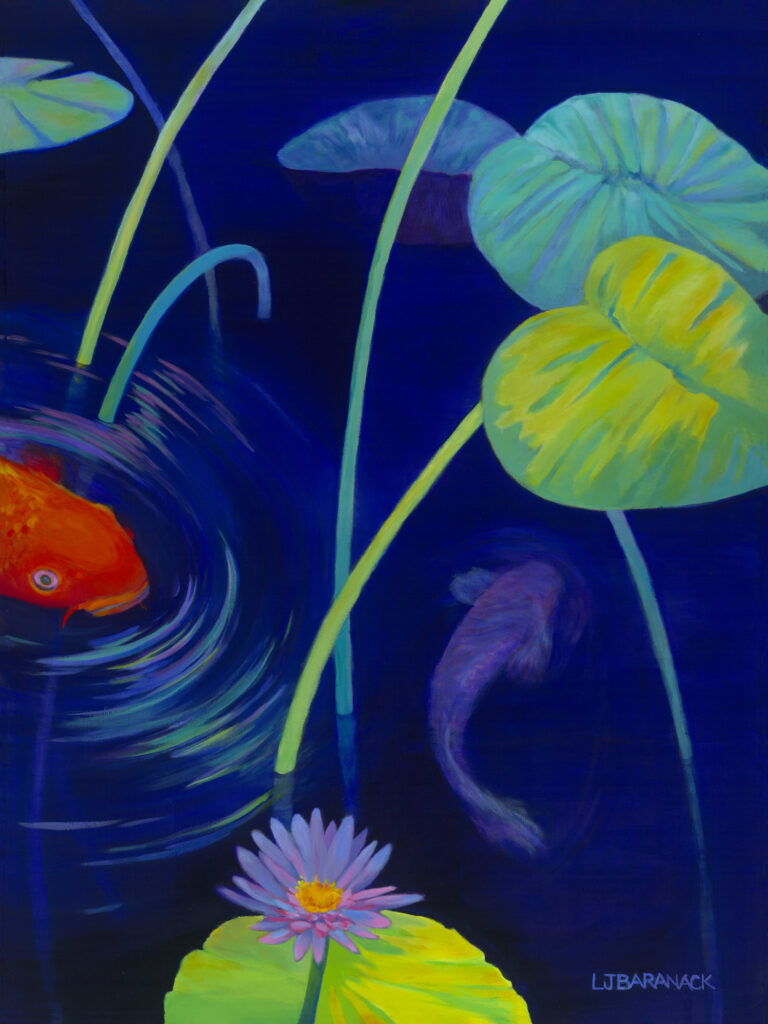 Diptych of Koi Pond with plants and koi. The is the Right side.