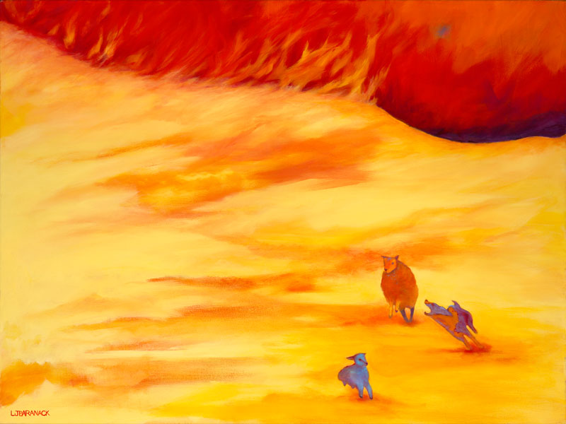 Fire with sheep running.