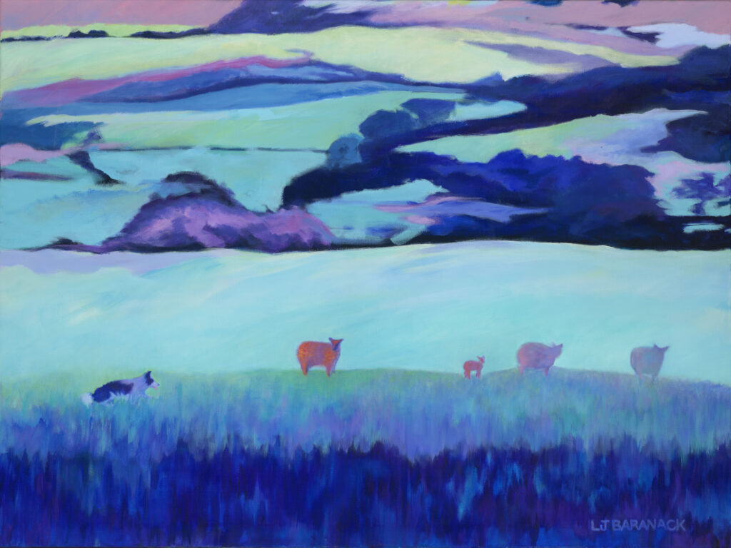 Blue landscape with sheep.