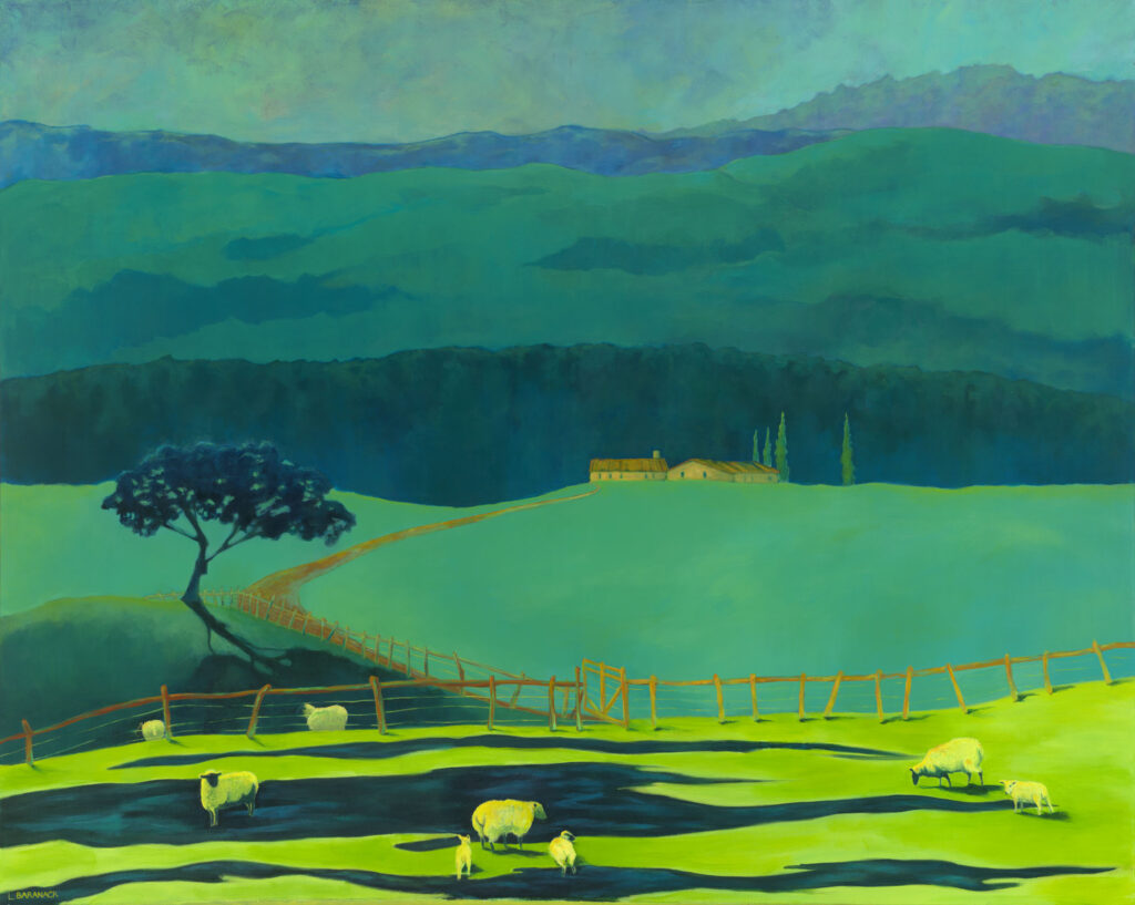 Green landscape with sheep.