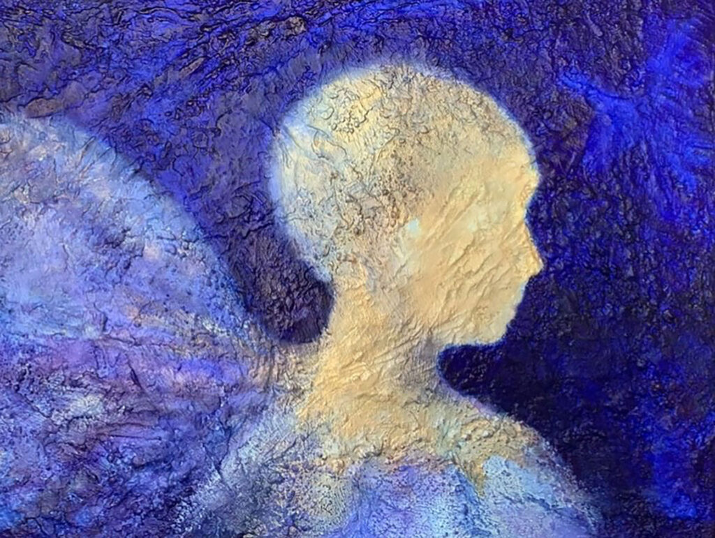 An angel painting with lots of texture.