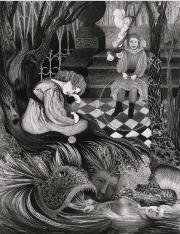 A charcoal drawing of women in a fantasyland.